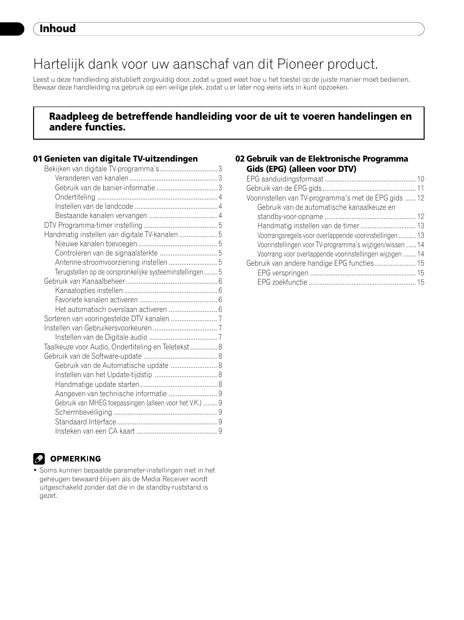 Dtv gebruiksaanwijzing, Inhoud | Pioneer PDP-435XDE User Manual | Page 58 / 100