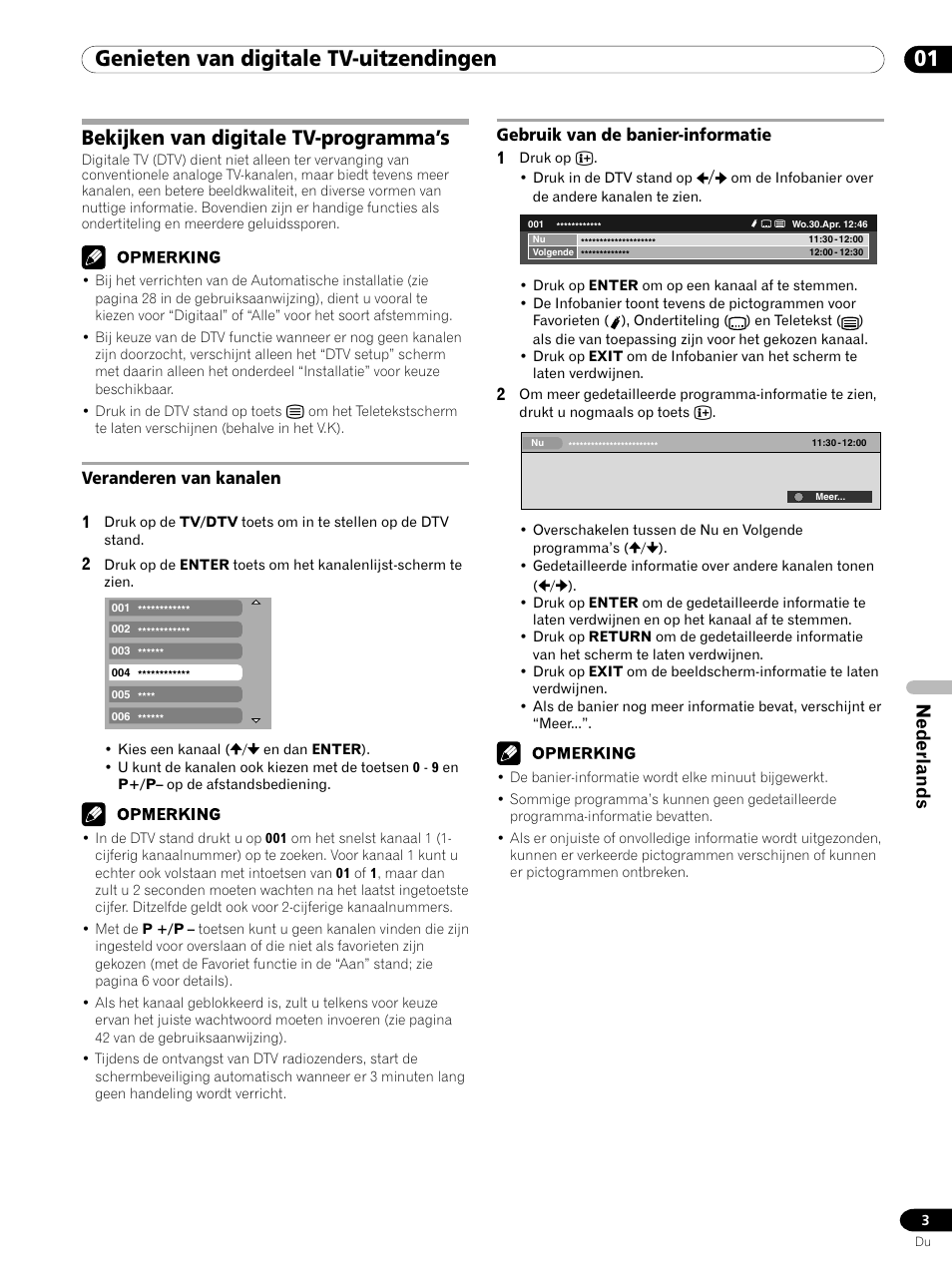 01 genieten van digitale tv-uitzendingen, Bekijken van digitale tv-programma’s, Nederlands | Veranderen van kanalen 1, Gebruik van de banier-informatie 1 | Pioneer PDP-435XDE User Manual | Page 59 / 100