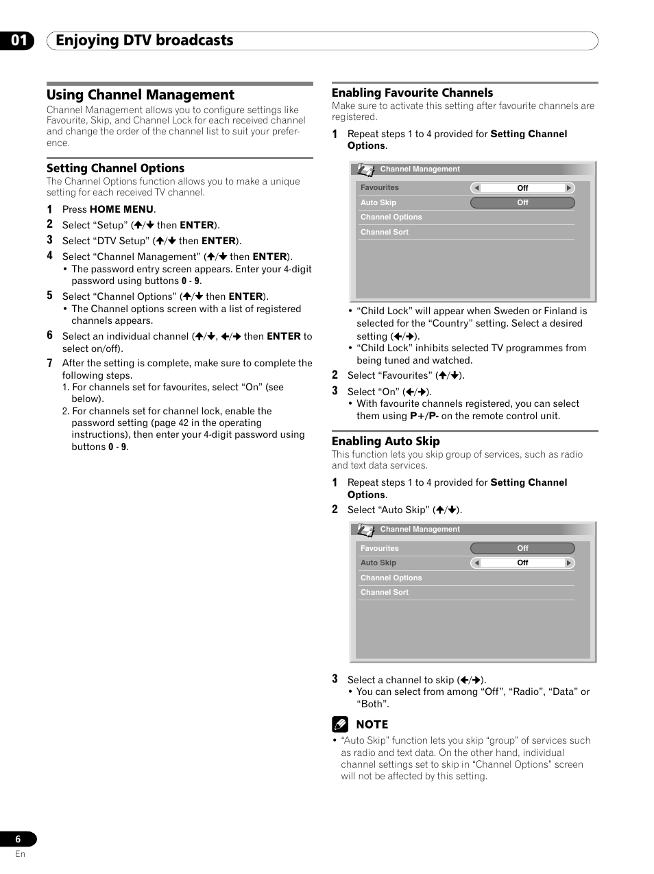 Using channel management, 01 enjoying dtv broadcasts | Pioneer PDP-435XDE User Manual | Page 6 / 100