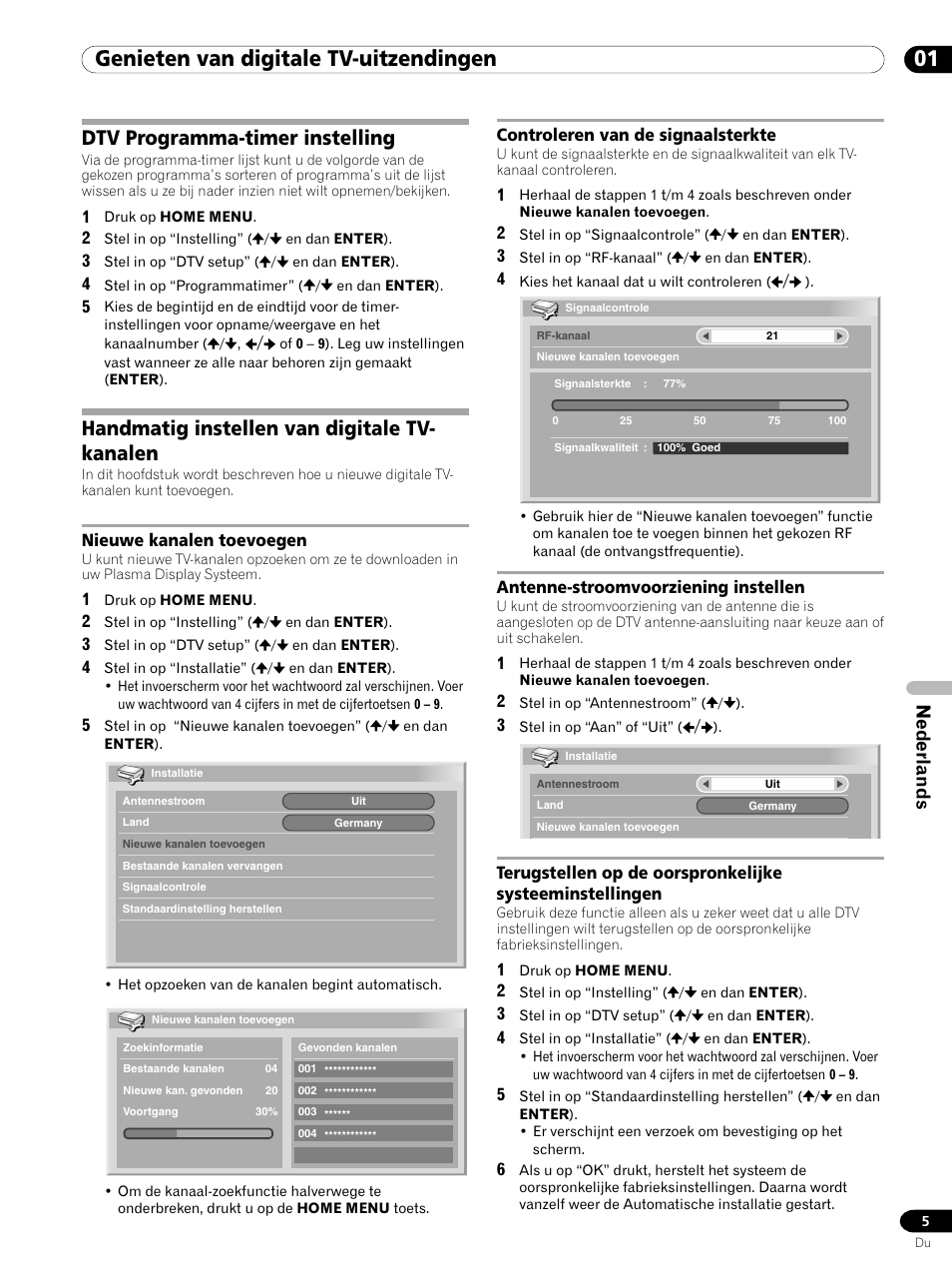 01 genieten van digitale tv-uitzendingen, Dtv programma-timer instelling, Handmatig instellen van digitale tv- kanalen | Nederlands | Pioneer PDP-435XDE User Manual | Page 61 / 100