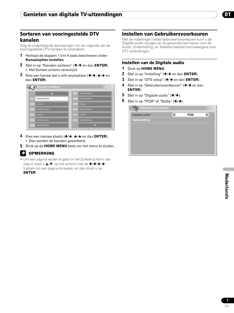 Instellen van de digitale audio, 01 genieten van digitale tv-uitzendingen, Instellen van gebruikersvoorkeuren | Sorteren van vooringestelde dtv kanalen, Nederlands | Pioneer PDP-435XDE User Manual | Page 63 / 100