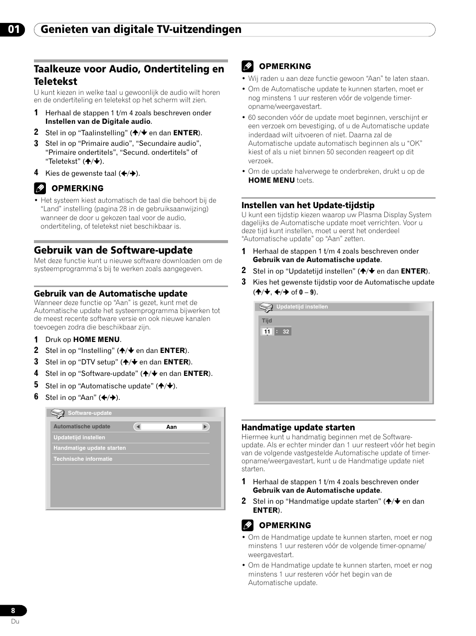 01 genieten van digitale tv-uitzendingen, Gebruik van de software-update, Taalkeuze voor audio, ondertiteling en teletekst | Pioneer PDP-435XDE User Manual | Page 64 / 100