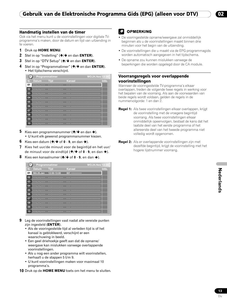 Nederlands, Handmatig instellen van de timer, Voorrangsregels voor overlappende voorinstellingen | Pioneer PDP-435XDE User Manual | Page 69 / 100