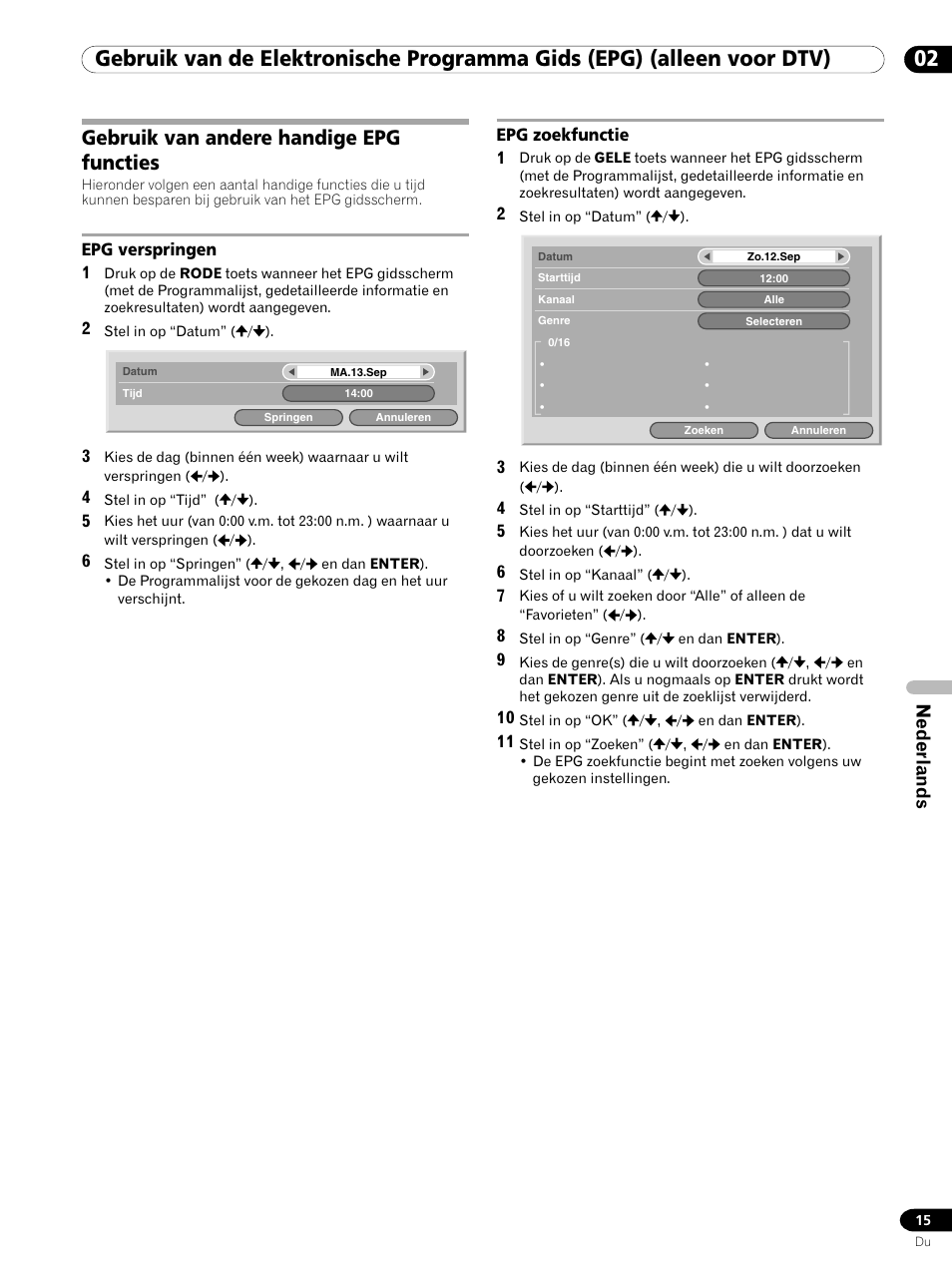 Gebruik van andere handige epg functies, Epg verspringen epg zoekfunctie, Nederlands | Pioneer PDP-435XDE User Manual | Page 71 / 100