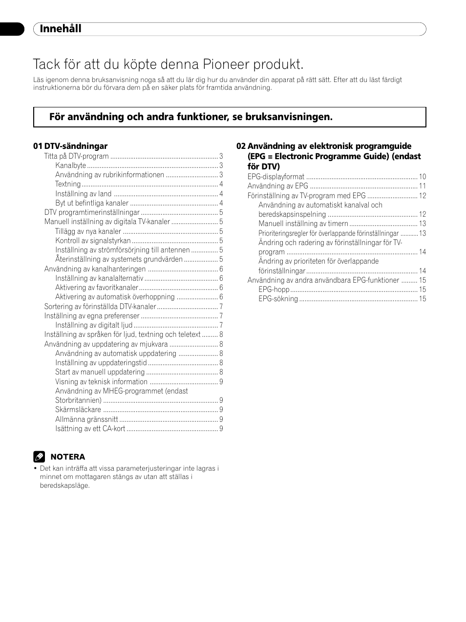 Bruksanvisning för dtv, Tack för att du köpte denna pioneer produkt, Innehåll | Pioneer PDP-435XDE User Manual | Page 72 / 100