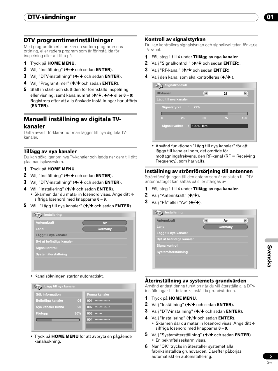 01 dtv-sändningar, Dtv programtimerinställningar, Manuell inställning av digitala tv- kanaler | Svenska | Pioneer PDP-435XDE User Manual | Page 75 / 100
