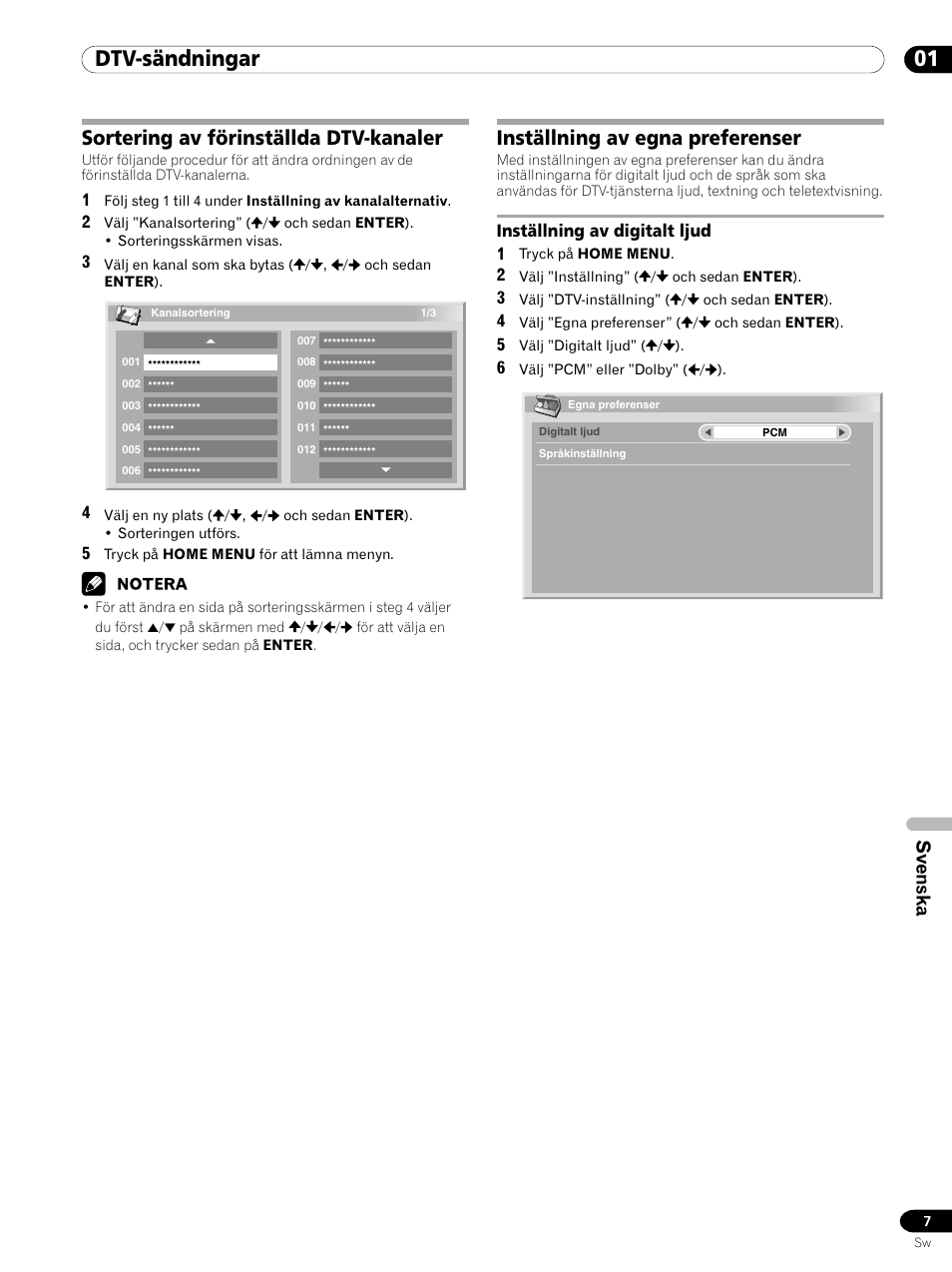 Inställning av digitalt ljud, 01 dtv-sändningar, Inställning av egna preferenser | Sortering av förinställda dtv-kanaler, Svenska | Pioneer PDP-435XDE User Manual | Page 77 / 100