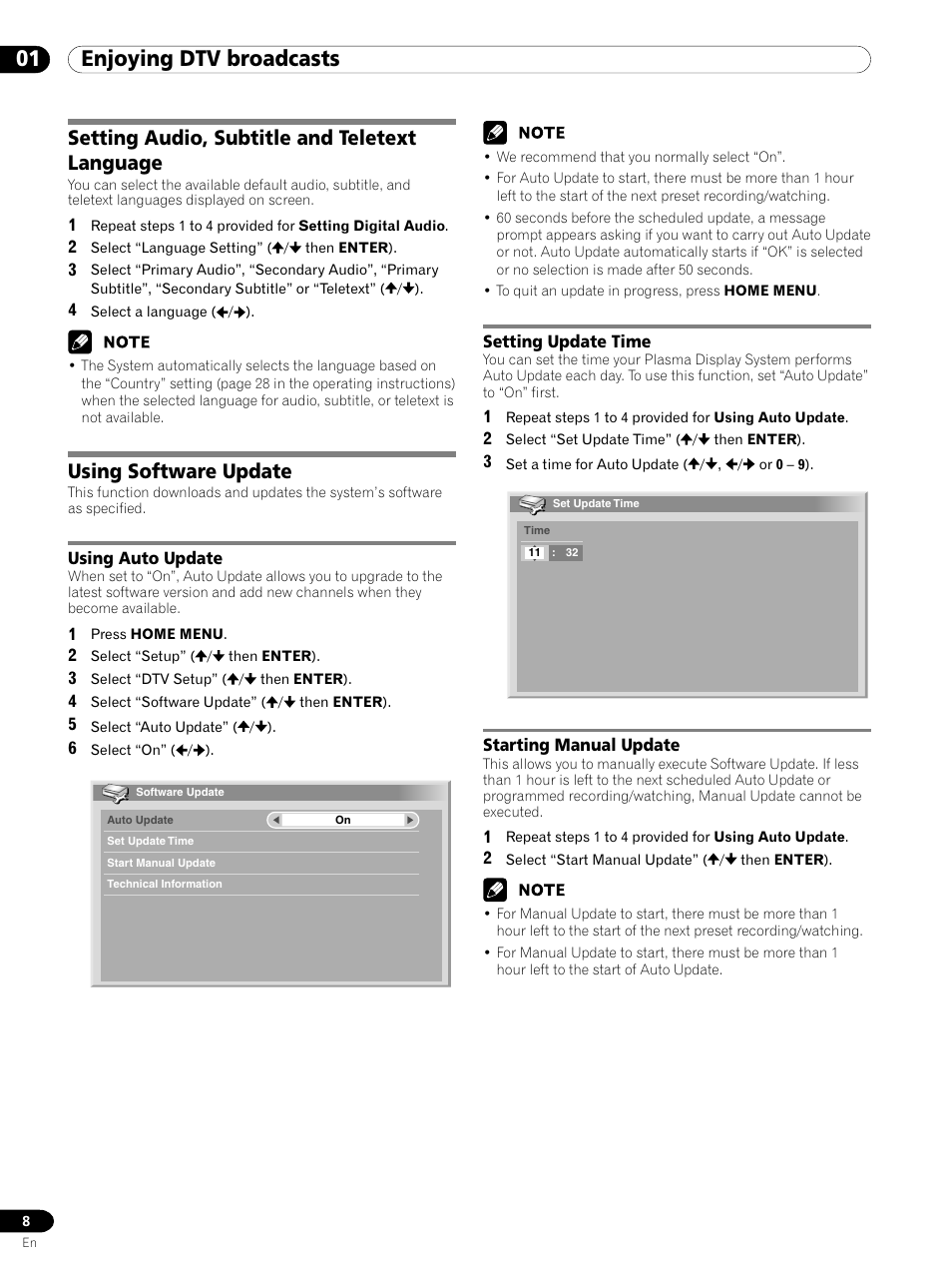 01 enjoying dtv broadcasts, Using software update, Setting audio, subtitle and teletext language | Pioneer PDP-435XDE User Manual | Page 8 / 100
