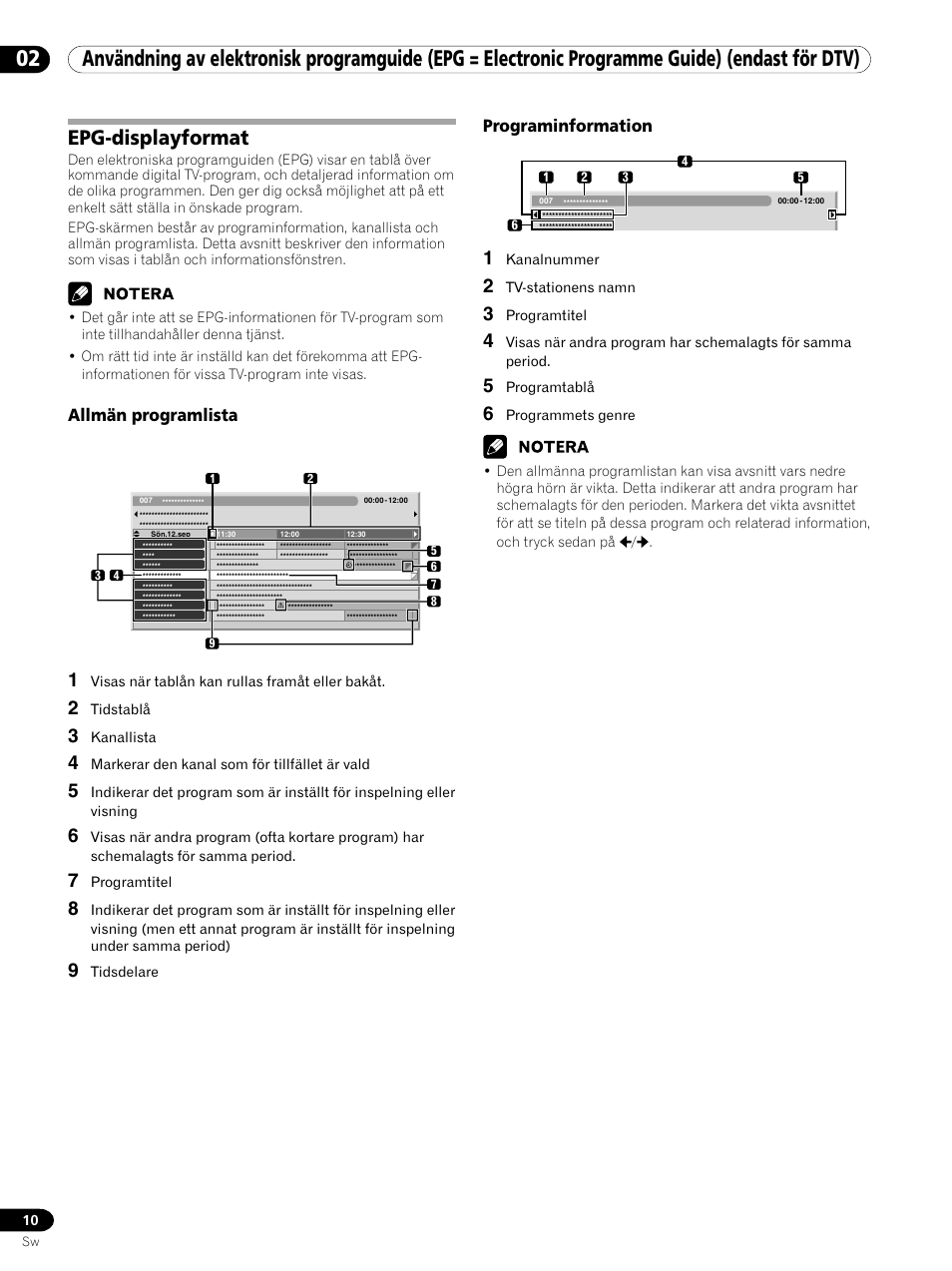 02 användning av elektronisk programguide, Epg = electronic programme guide) (endast för dtv), Epg-displayformat | Allmän programlista, Programinformation | Pioneer PDP-435XDE User Manual | Page 80 / 100