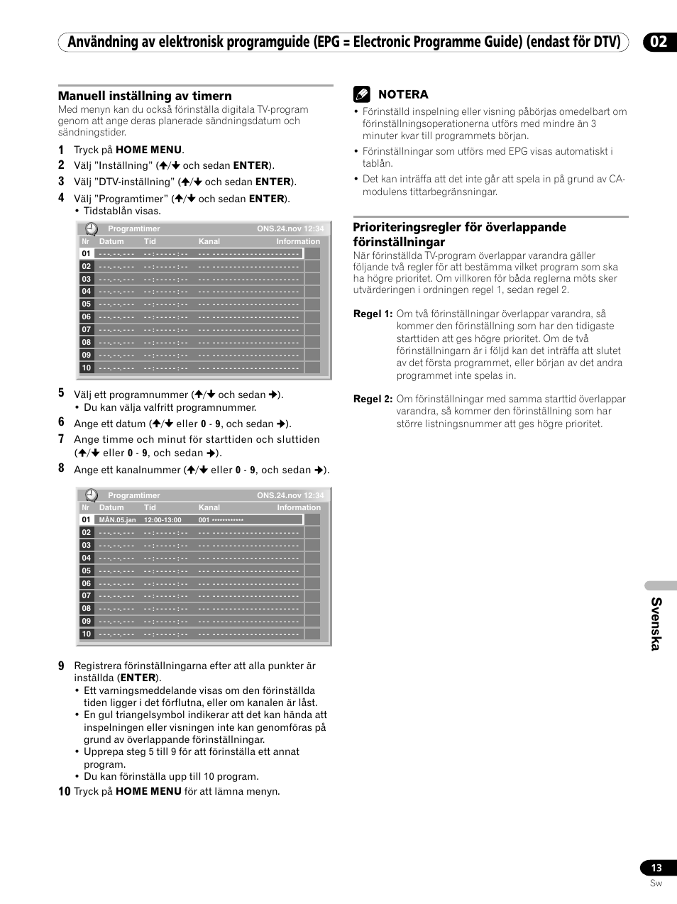 Svenska, Manuell inställning av timern | Pioneer PDP-435XDE User Manual | Page 83 / 100