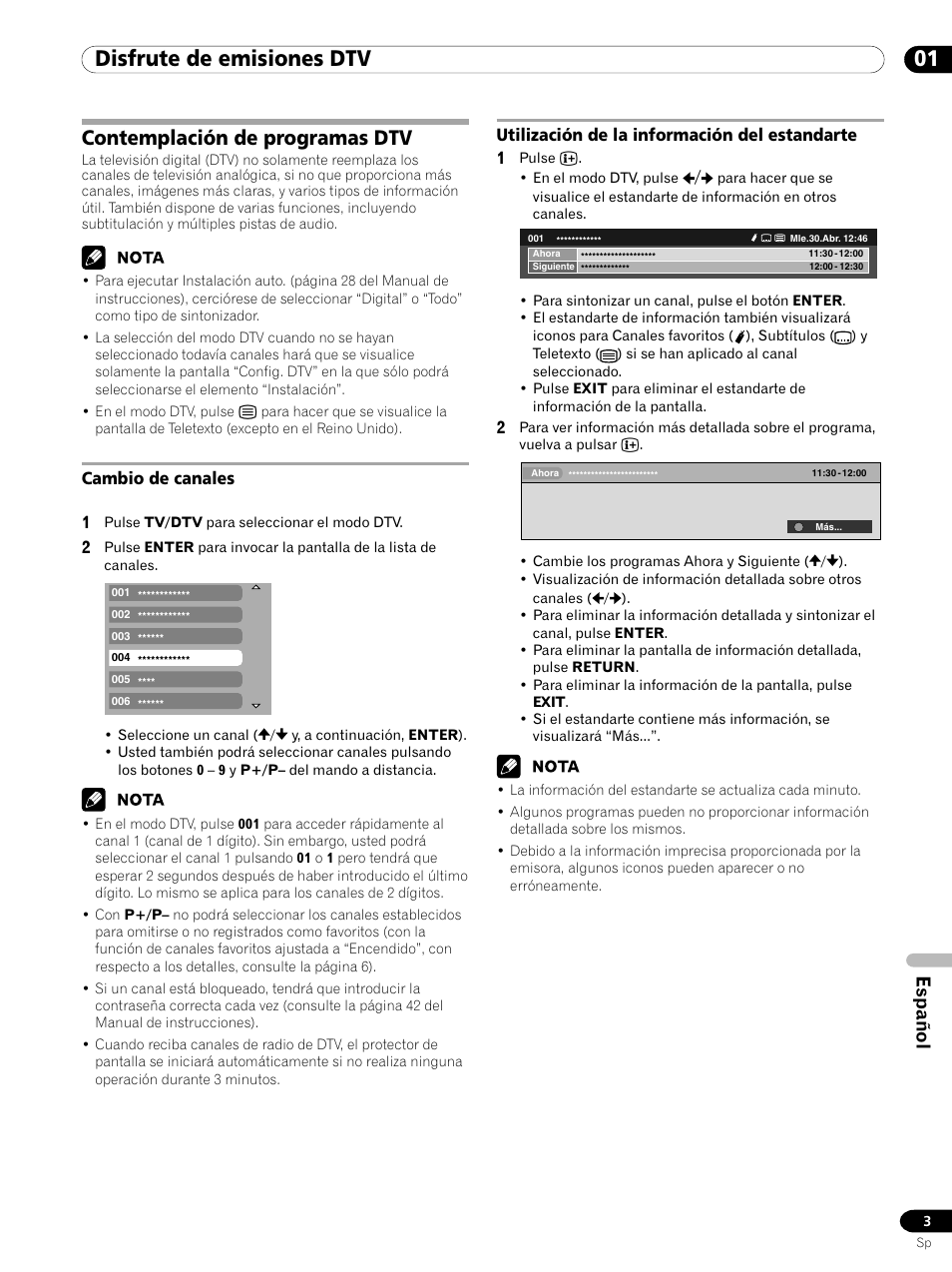 01 disfrute de emisiones dtv, Contemplación de programas dtv, Español | Cambio de canales 1, Utilización de la información del estandarte 1 | Pioneer PDP-435XDE User Manual | Page 87 / 100