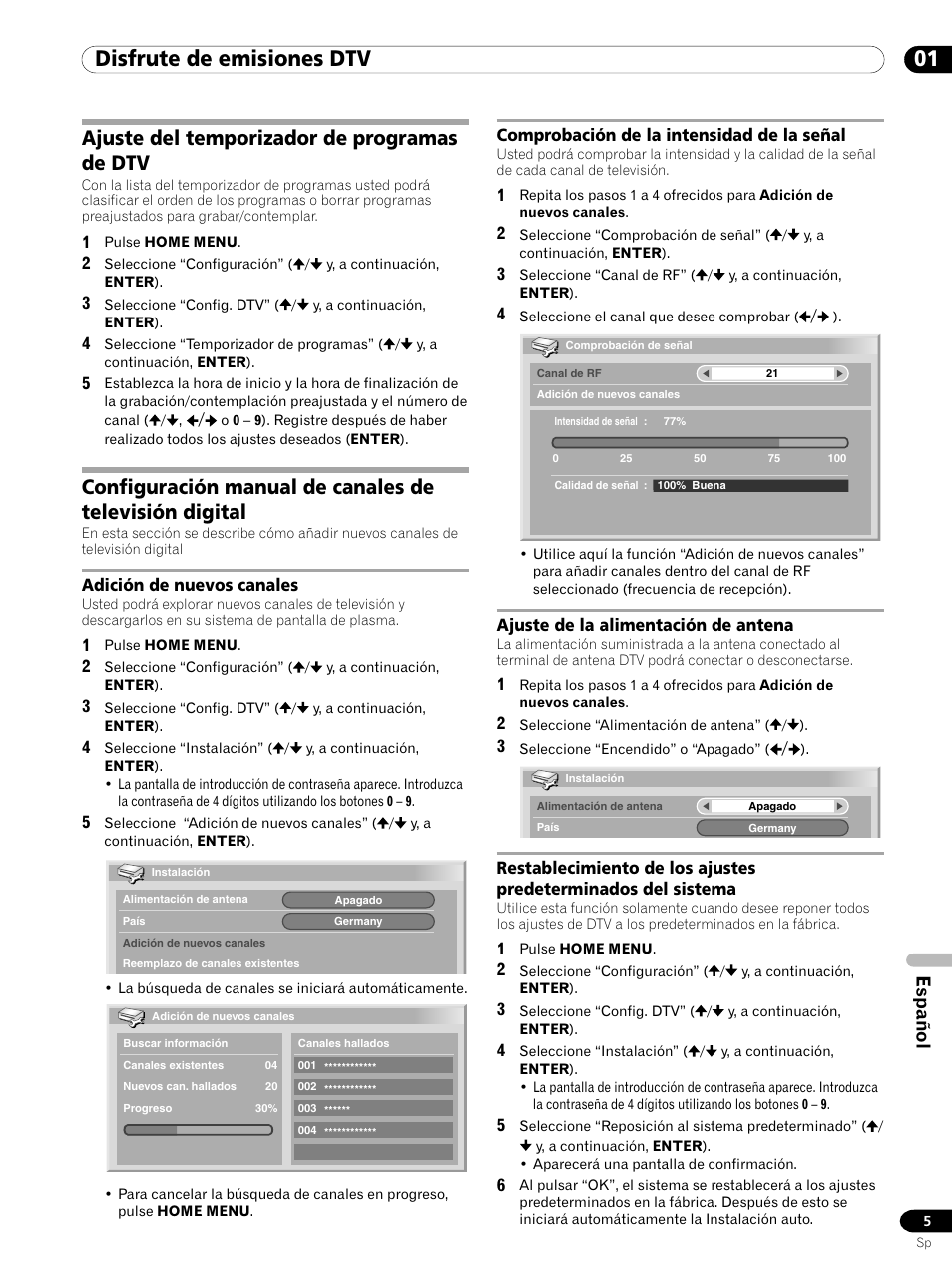 01 disfrute de emisiones dtv, Ajuste del temporizador de programas de dtv, Español | Pioneer PDP-435XDE User Manual | Page 89 / 100