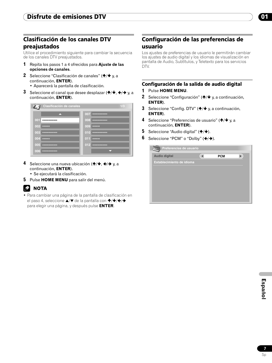 Configuración de la salida de audio digital, 01 disfrute de emisiones dtv, Configuración de las preferencias de usuario | Clasificación de los canales dtv preajustados, Español | Pioneer PDP-435XDE User Manual | Page 91 / 100