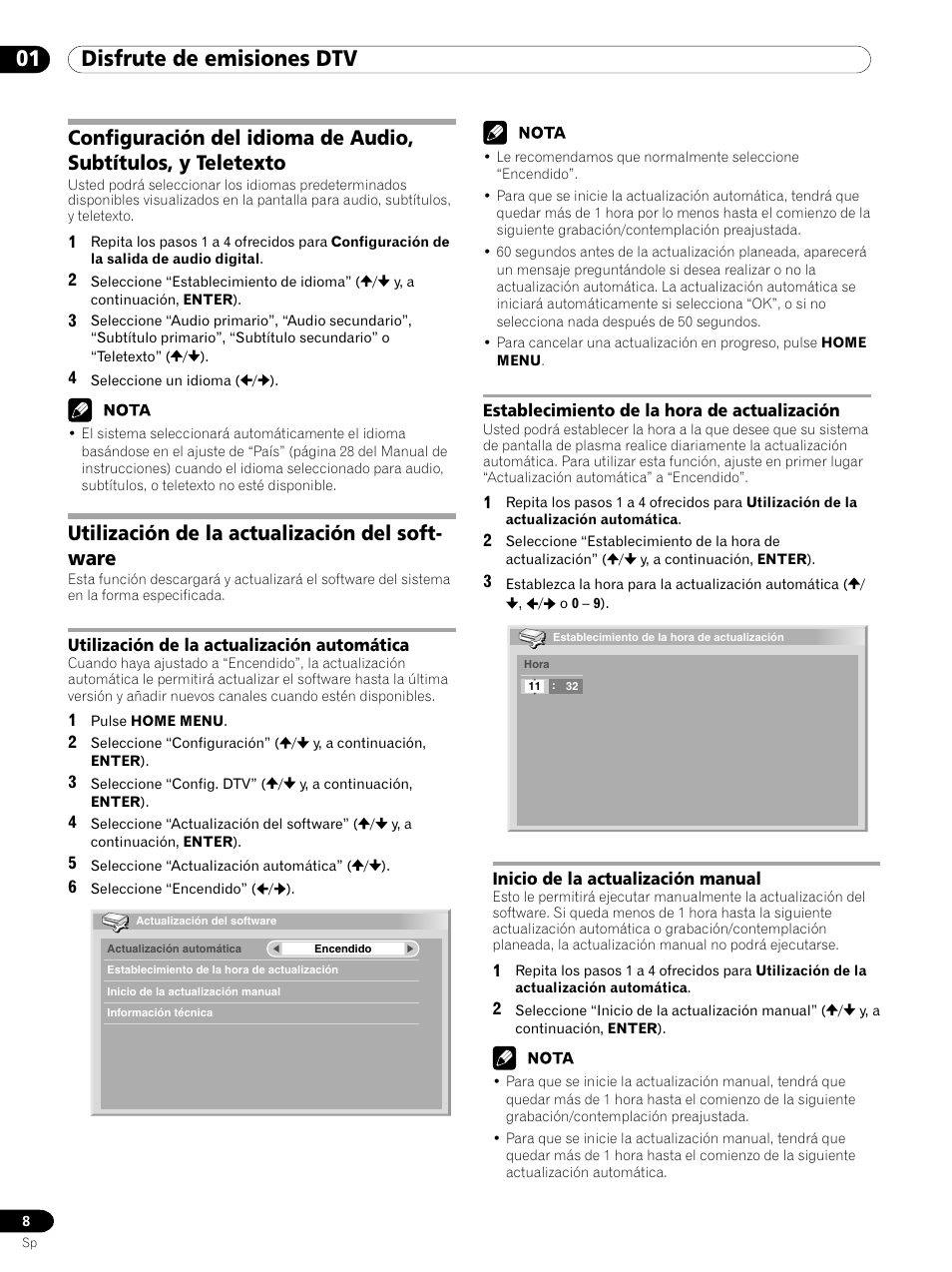 01 disfrute de emisiones dtv, Utilización de la actualización del soft- ware | Pioneer PDP-435XDE User Manual | Page 92 / 100