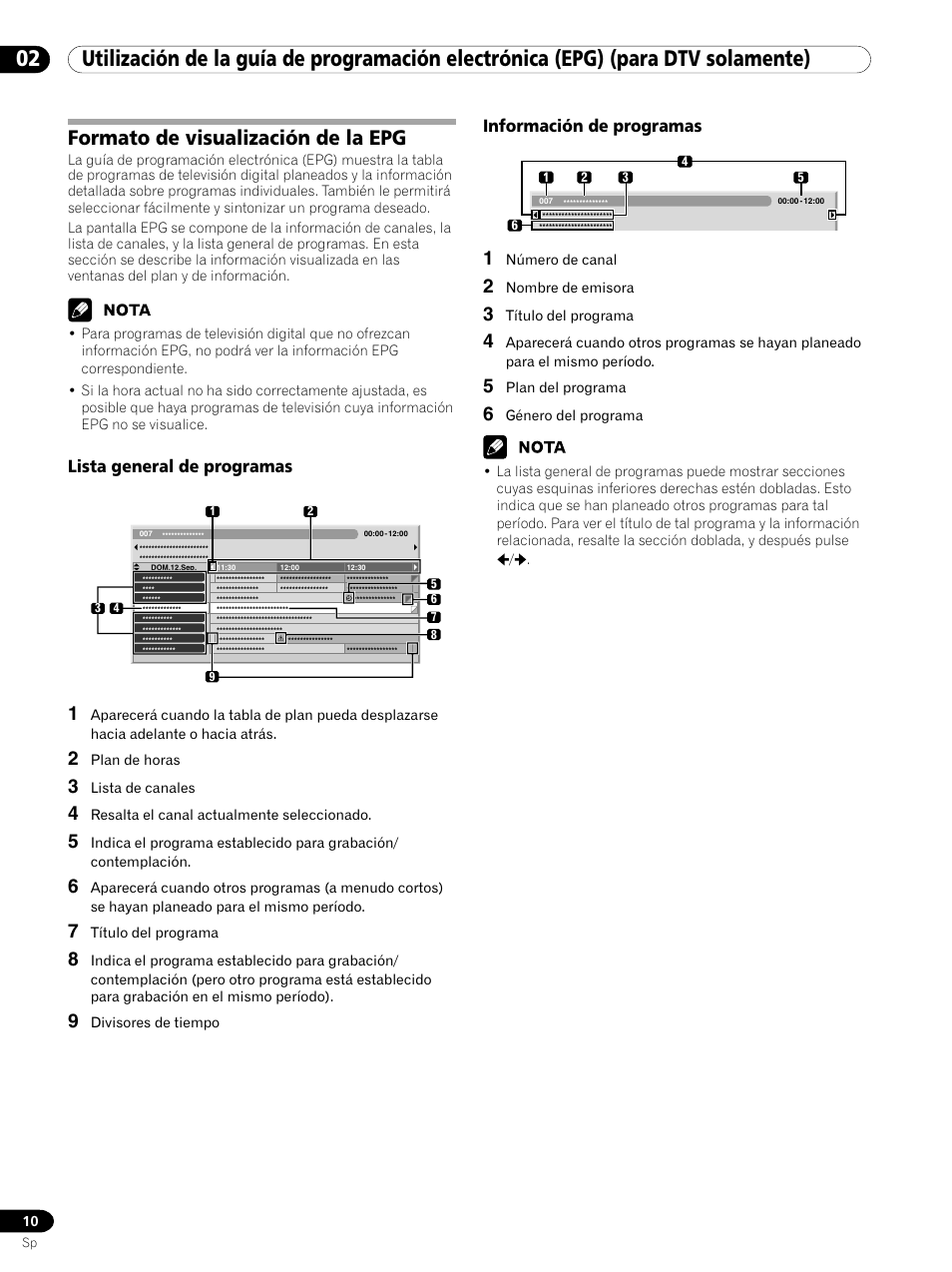 02 utilización de la guía de programación, Electrónica (epg) (para dtv solamente), Formato de visualización de la epg | Lista general de programas, Información de programas | Pioneer PDP-435XDE User Manual | Page 94 / 100