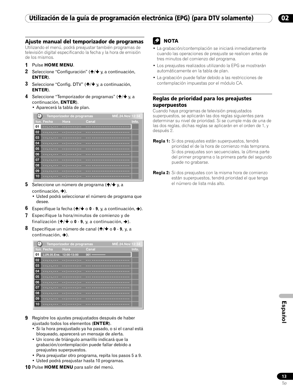 Español, Ajuste manual del temporizador de programas | Pioneer PDP-435XDE User Manual | Page 97 / 100