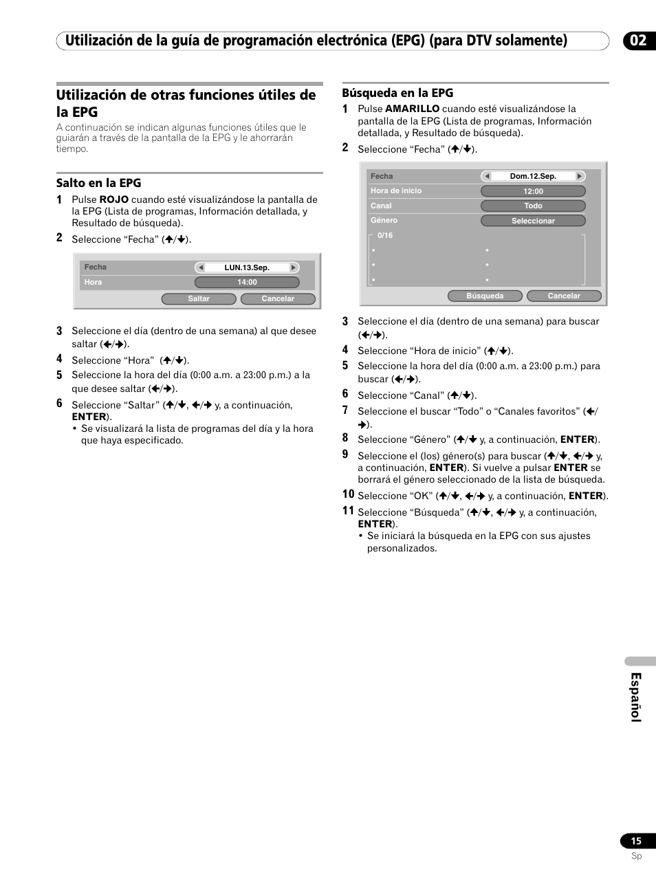 Utilización de otras funciones útiles de la epg, Salto en la epg búsqueda en la epg, Español | Pioneer PDP-435XDE User Manual | Page 99 / 100