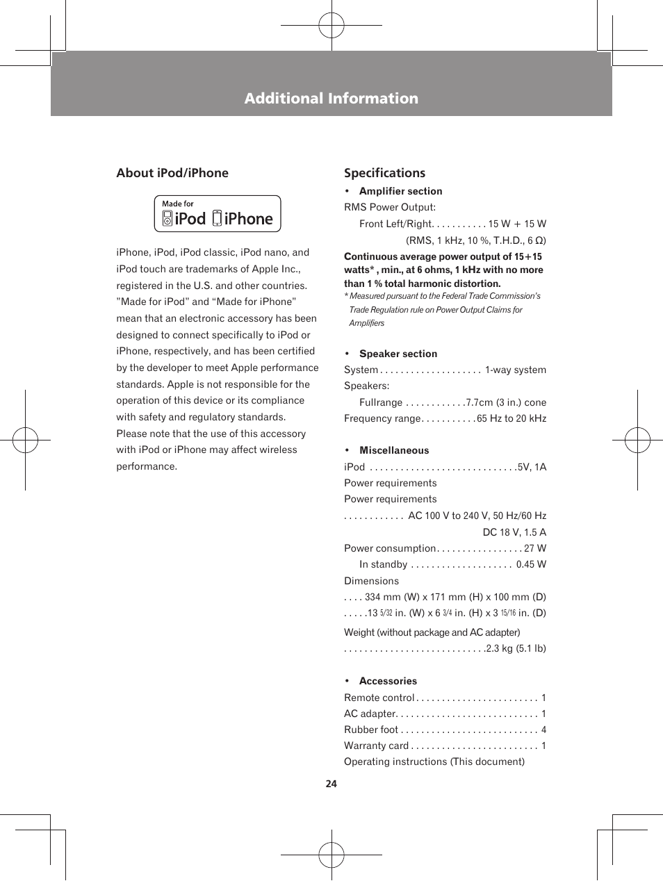 Additional information, About ipod/iphone, Specifications | Pioneer XW-BTS3-W User Manual | Page 24 / 72