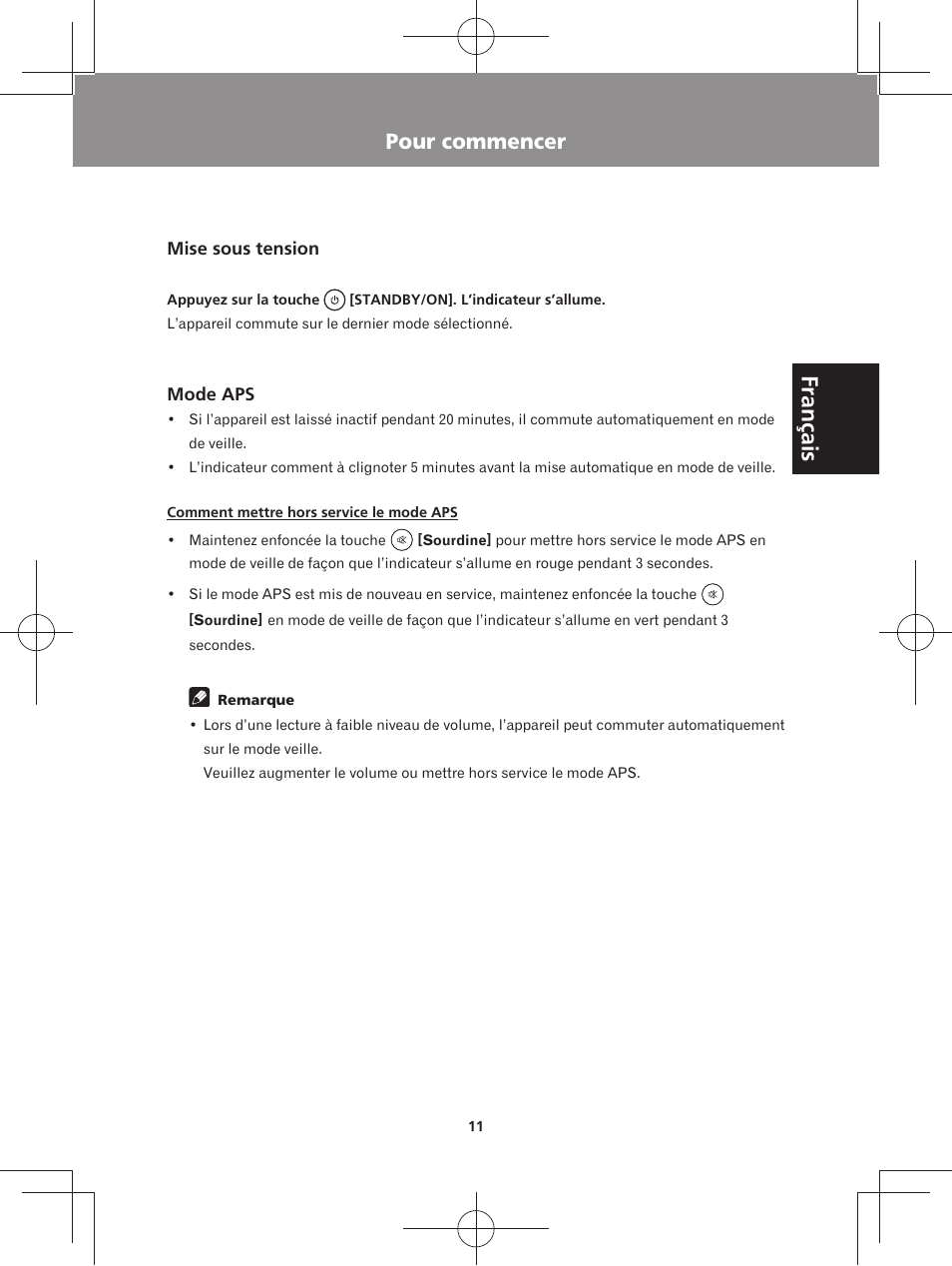 Pour commencer, Mise sous tension mode aps, Français | Pioneer XW-BTS3-W User Manual | Page 35 / 72