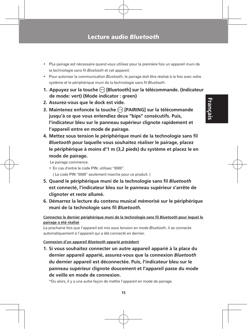 Français, Lecture audio bluetooth | Pioneer XW-BTS3-W User Manual | Page 39 / 72