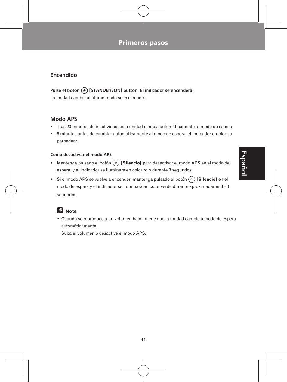 Primeros pasos, Encendido modo aps, Español | Pioneer XW-BTS3-W User Manual | Page 57 / 72