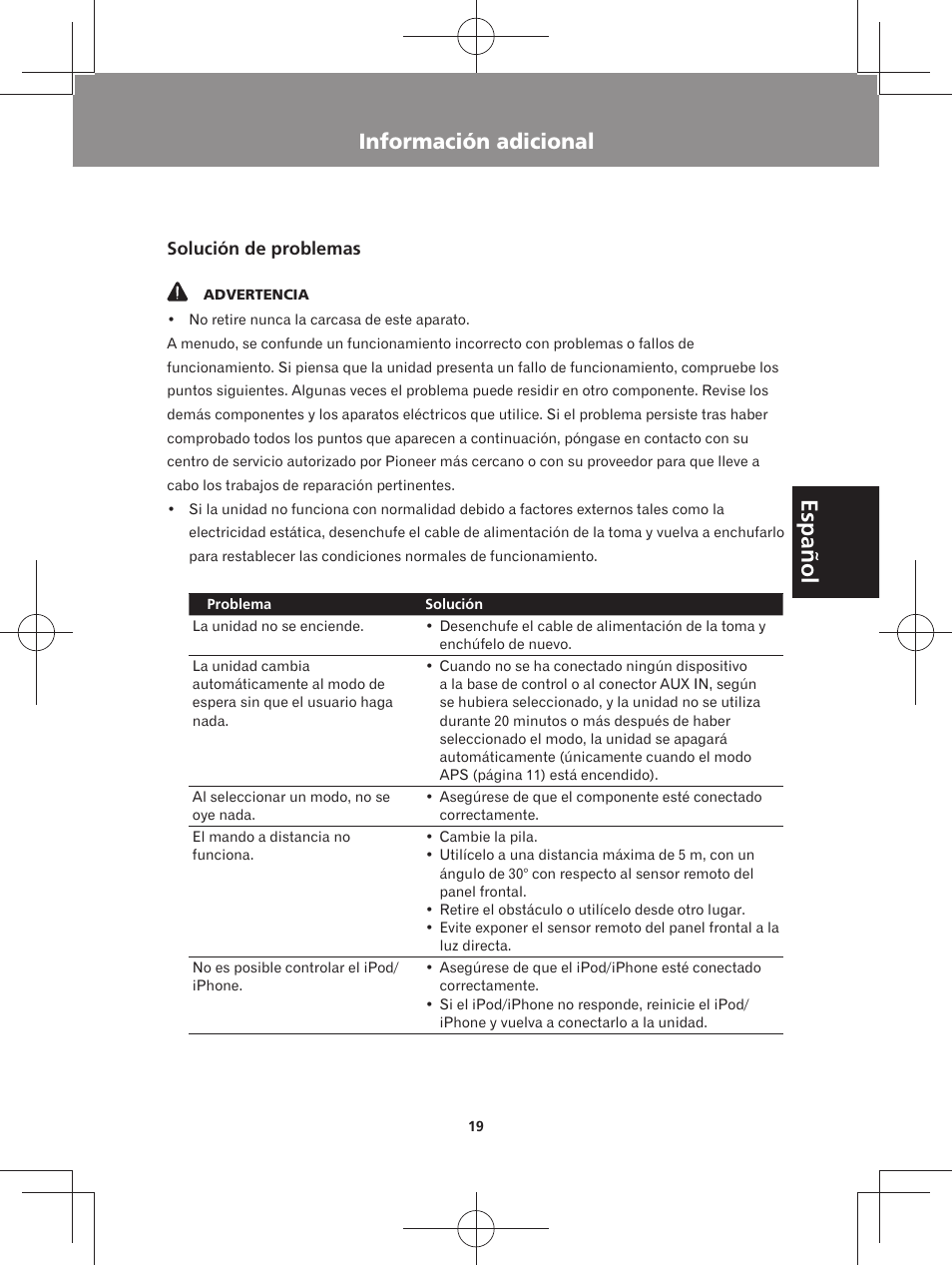Información adicional, Español | Pioneer XW-BTS3-W User Manual | Page 65 / 72