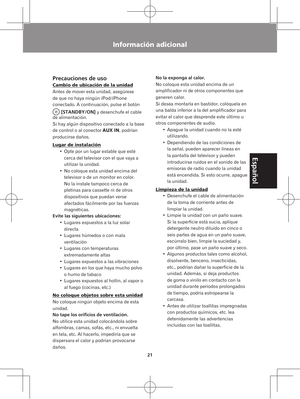 Español, Información adicional | Pioneer XW-BTS3-W User Manual | Page 67 / 72