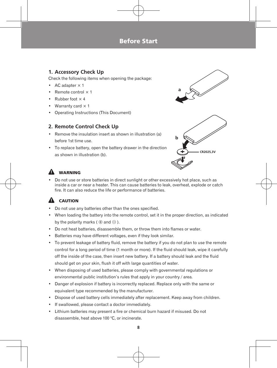 Before start, Accessory check up, Remote control check up | Pioneer XW-BTS3-W User Manual | Page 8 / 72