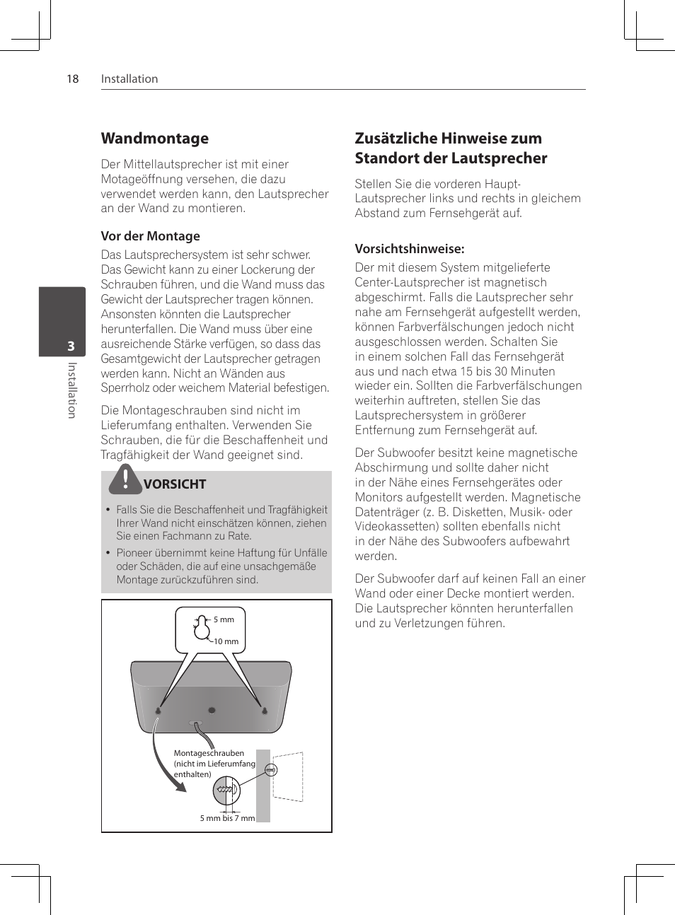 Wandmontage, Zusätzliche hinweise zum standort, Der lautsprecher | Zusätzliche hinweise zum standort der lautsprecher | Pioneer DCS-424K User Manual | Page 110 / 280