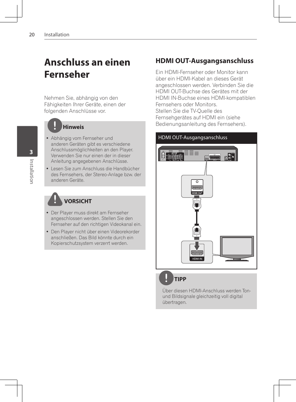 Anschluss an einen fernseher, Hdmi out-ausgangsanschluss | Pioneer DCS-424K User Manual | Page 112 / 280