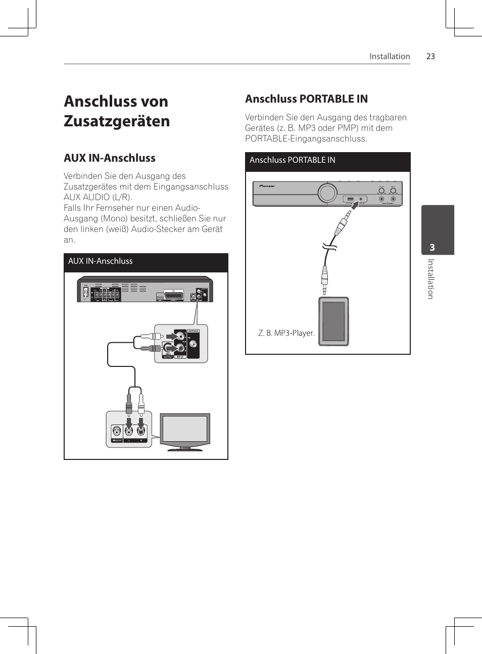 Anschluss von zusatzgeräten, Aux in-anschluss, Anschluss portable in | Pioneer DCS-424K User Manual | Page 115 / 280