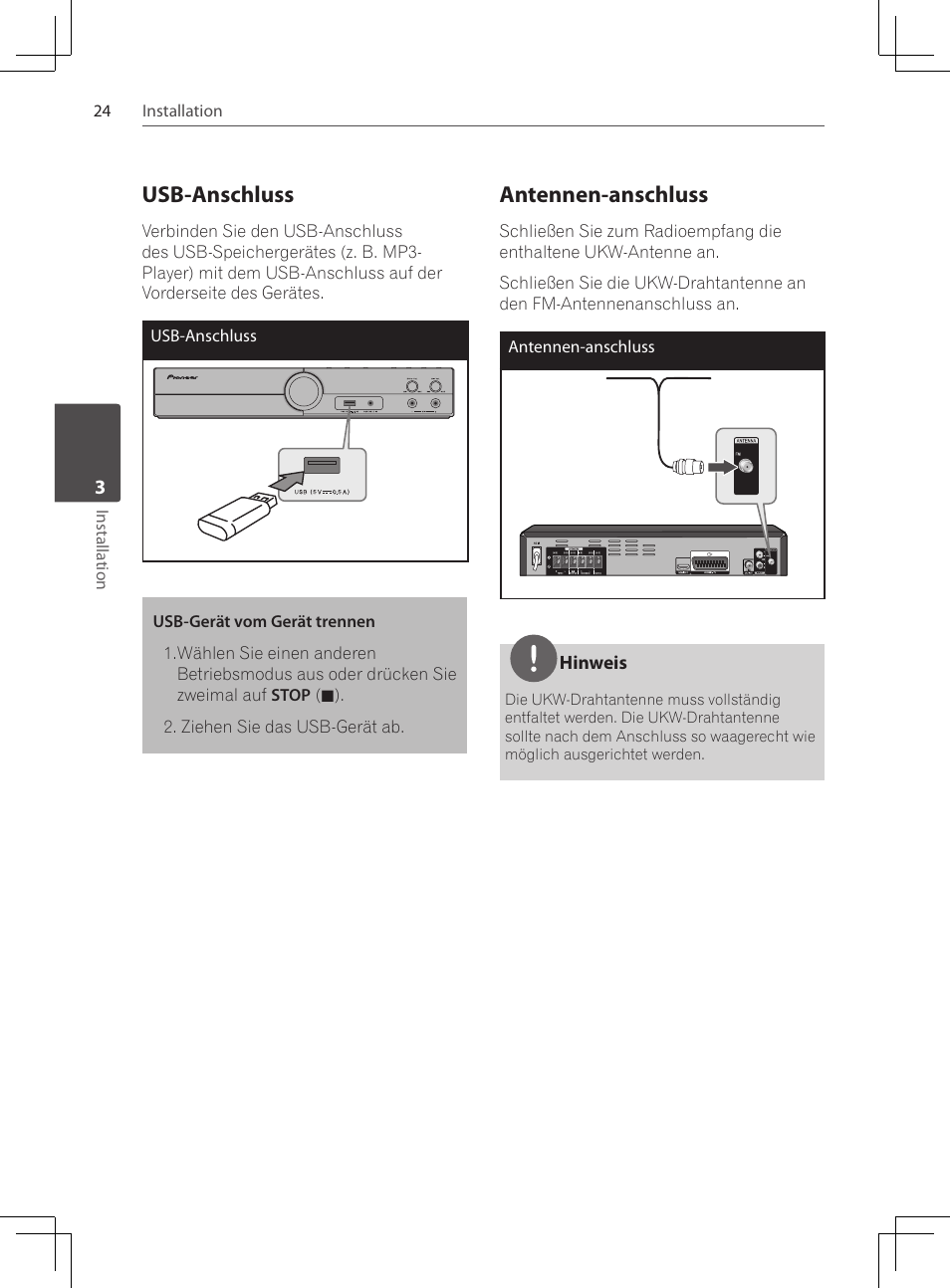 Usb-anschluss, Antennen-anschluss | Pioneer DCS-424K User Manual | Page 116 / 280