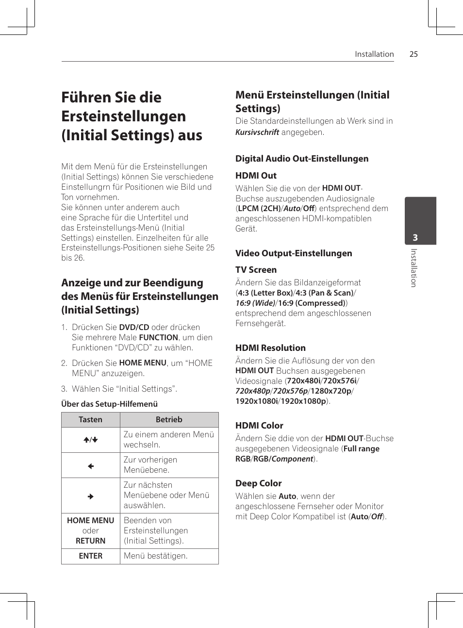 Anzeige und zur beendigung des, Menüs für ersteinstellungen (initial settings), Menü ersteinstellungen (initial | Settings), Digital audio out-einstellungen, Video output-einstellungen, Menü ersteinstellungen (initial settings) | Pioneer DCS-424K User Manual | Page 117 / 280