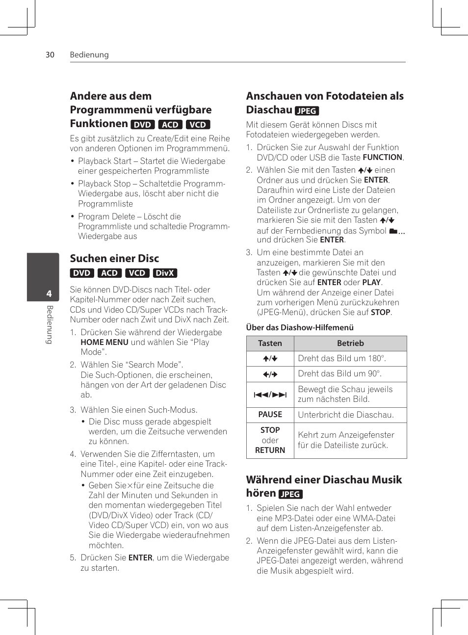 Andere aus dem programmmenü, Verfügbare funktionen, Suchen einer disc | Anschauen von fotodateien als, Diaschau, Während einer diaschau musik, Hören, Andere aus dem programmmenü verfügbare funktionen, Anschauen von fotodateien als diaschau, Während einer diaschau musik hören | Pioneer DCS-424K User Manual | Page 122 / 280