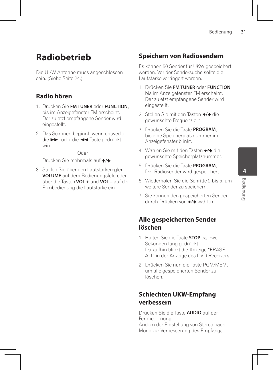 31 radiobetrieb 31, Radio hören, Speichern von radiosendern | Alle gespeicherten sender löschen, Schlechten ukw-empfang, Verbessern, Radiobetrieb, Schlechten ukw-empfang verbessern | Pioneer DCS-424K User Manual | Page 123 / 280