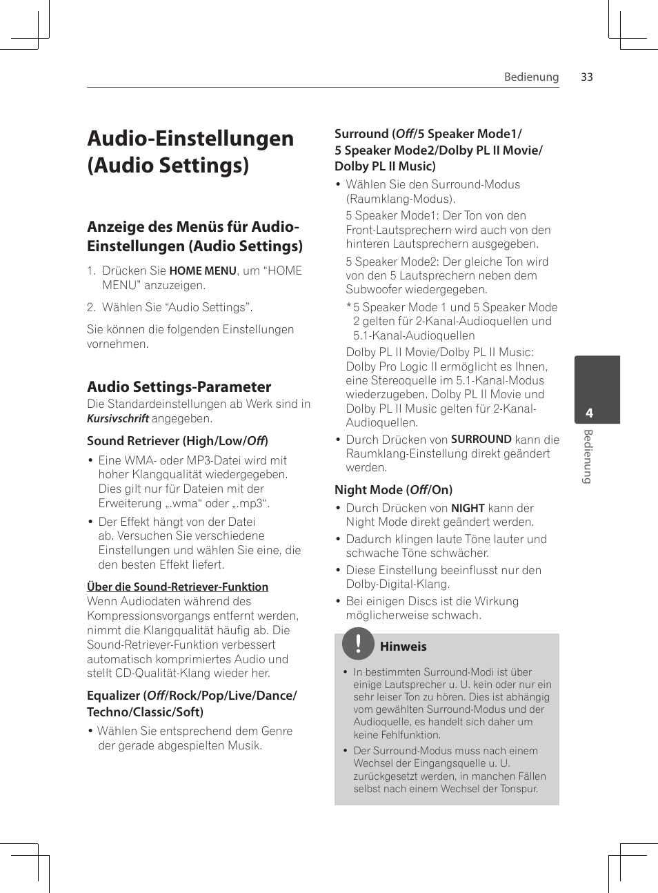 Audio-einstellungen (audio settings), Anzeige des menüs für audio, Einstellungen (audio settings) | Audio settings-parameter | Pioneer DCS-424K User Manual | Page 125 / 280