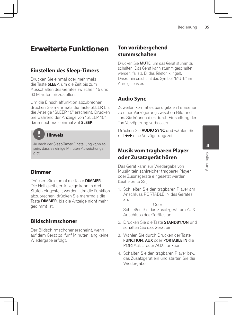 Erweiterte funktionen, Einstellen des sleep-timers, Dimmer | Bildschirmschoner, Ton vorübergehend stummschalten, Audio sync, Musik vom tragbaren player oder, Zusatzgerät hören, Musik vom tragbaren player oder zusatzgerät hören | Pioneer DCS-424K User Manual | Page 127 / 280