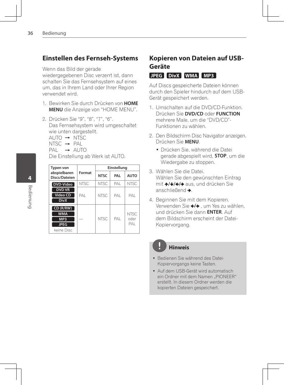 Einstellen des fernseh-systems, Kopieren von dateien auf usb- geräte | Pioneer DCS-424K User Manual | Page 128 / 280