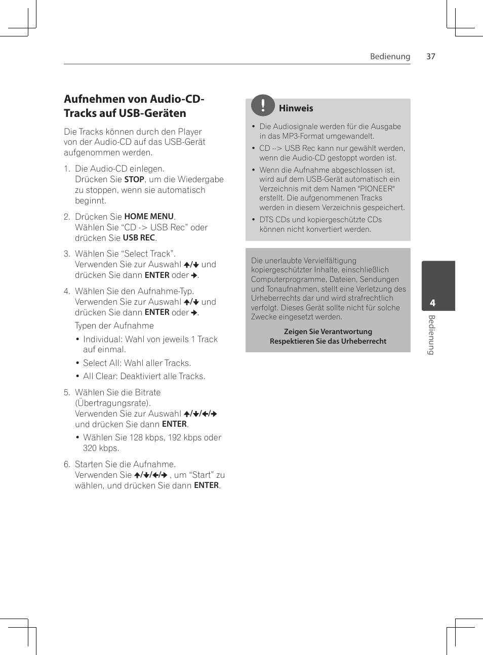 Aufnehmen von audio-cd-tracks auf usb-geräten, Aufnehmen von audio-cd- tracks auf usb-geräten | Pioneer DCS-424K User Manual | Page 129 / 280