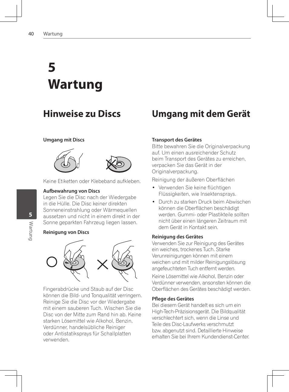 Hinweise zu discs, Umgang mit dem gerät, 5wartung | Pioneer DCS-424K User Manual | Page 132 / 280