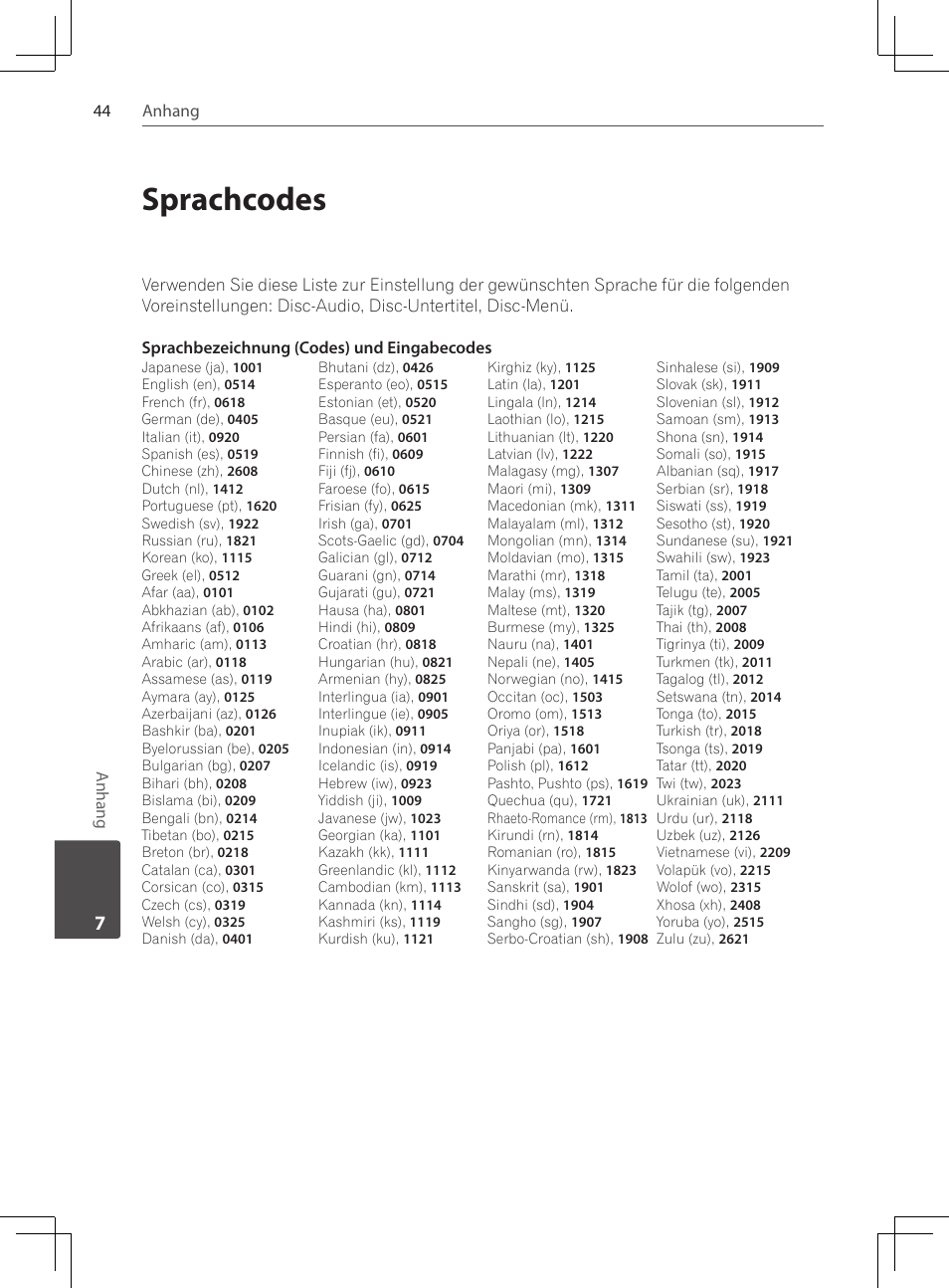 44 sprachcodes, Sprachcodes | Pioneer DCS-424K User Manual | Page 136 / 280