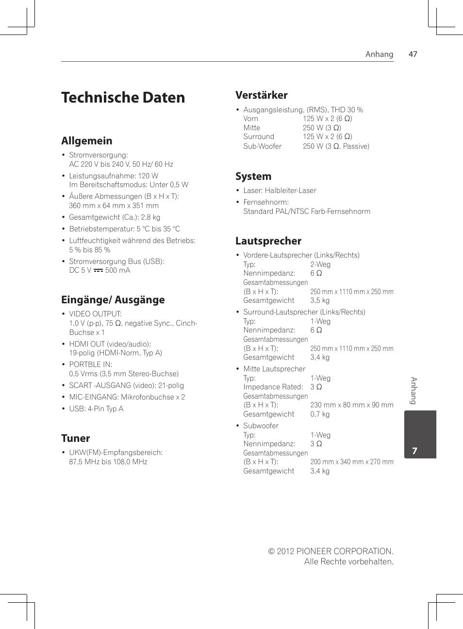 Technische daten, Allgemein, Eingänge/ ausgänge | Tuner, Verstärker, System, Lautsprecher | Pioneer DCS-424K User Manual | Page 139 / 280