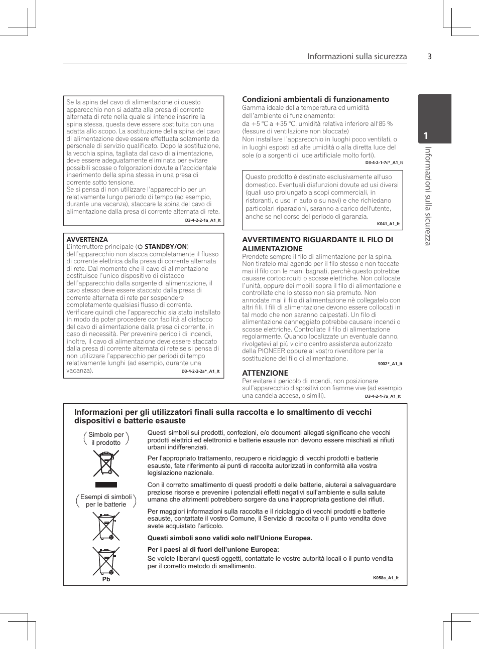 3informazioni sulla sicurezza, Inf or mazioni sulla sicur ezza | Pioneer DCS-424K User Manual | Page 141 / 280