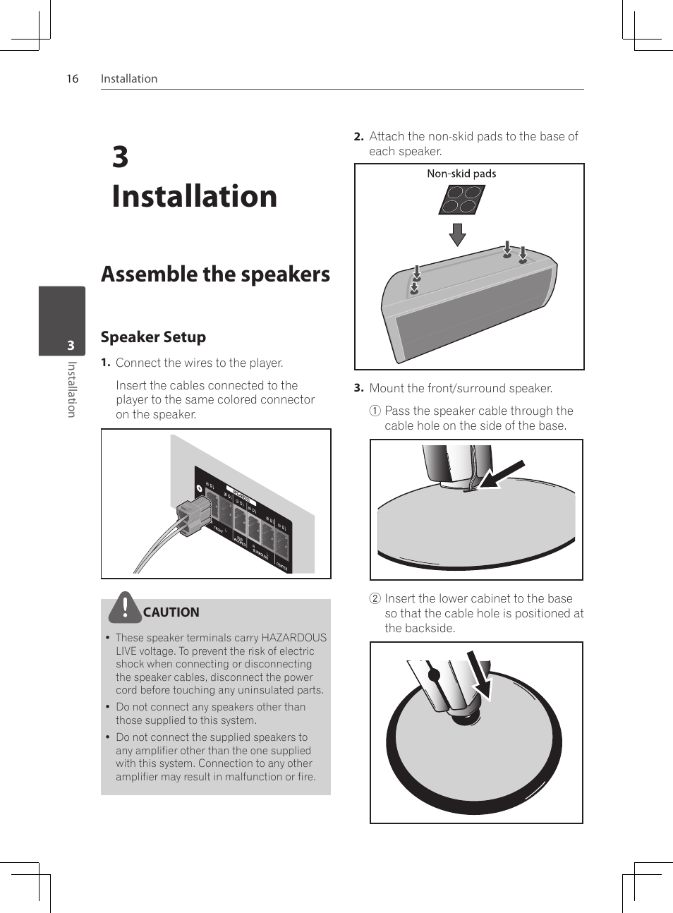 Assemble the speakers, Speaker setup, 3installation | Pioneer DCS-424K User Manual | Page 16 / 280