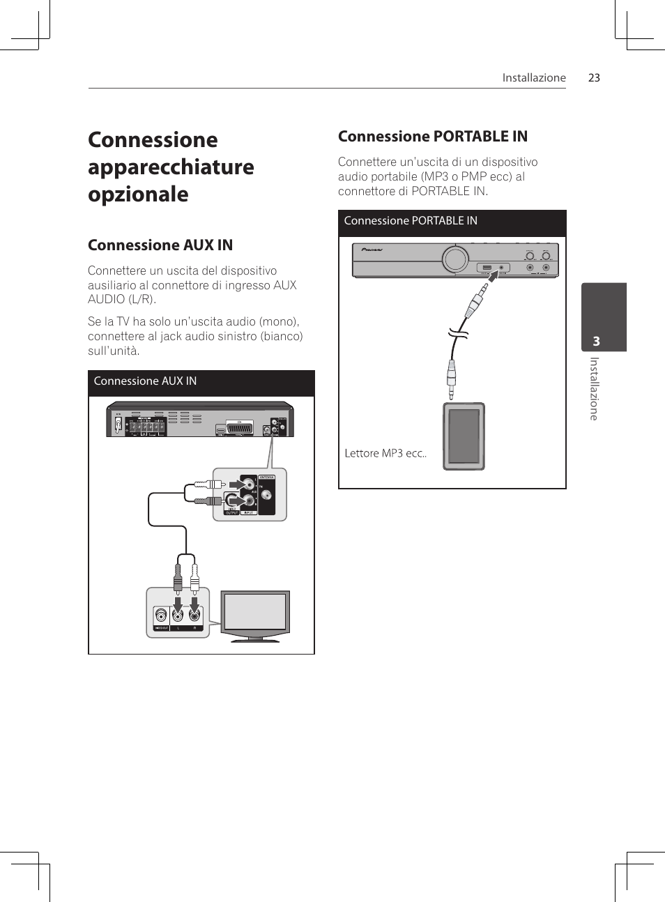 Connessione apparecchiature opzionale, Connessione aux in, Connessione portable in | Pioneer DCS-424K User Manual | Page 161 / 280