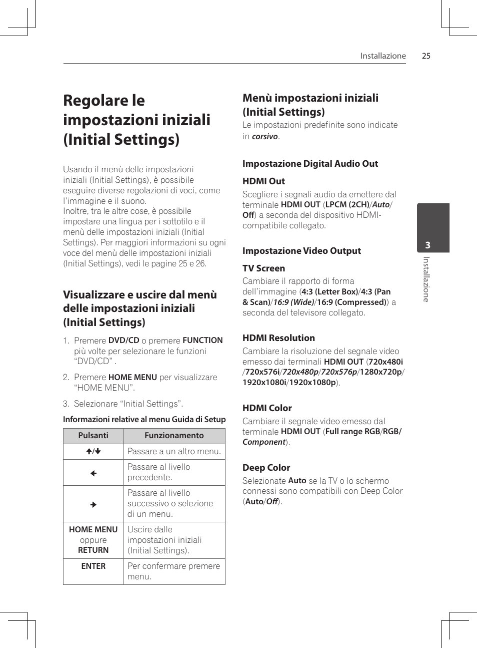 Visualizzare e uscire dal menù delle, Impostazioni iniziali (initial settings), Menù impostazioni iniziali (initial | Settings), Impostazione digital audio out, Impostazione video output, Menù impostazioni iniziali (initial settings) | Pioneer DCS-424K User Manual | Page 163 / 280