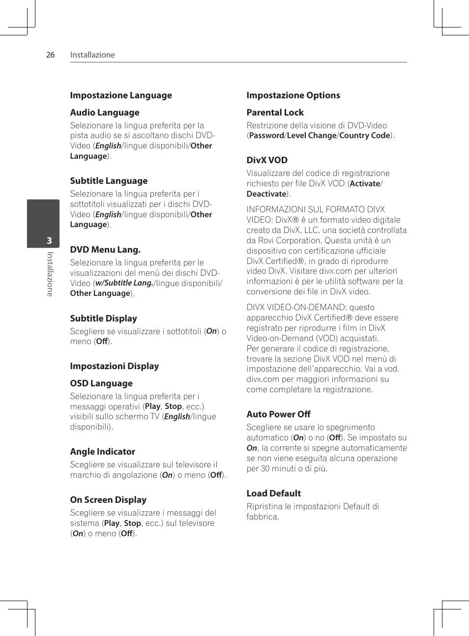 Impostazione language, Impostazioni display, Impostazione options | Pioneer DCS-424K User Manual | Page 164 / 280