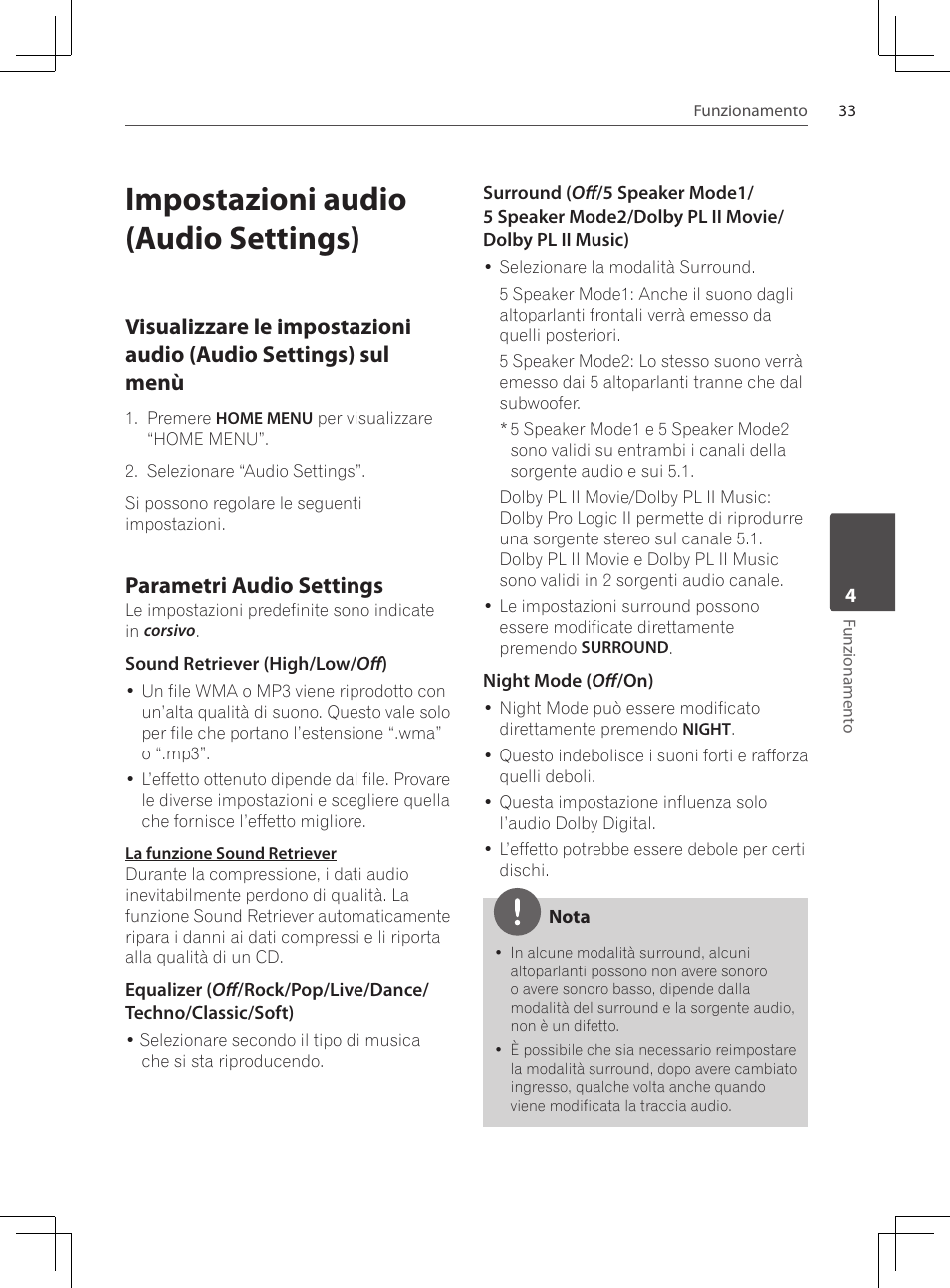 Impostazioni audio (audio settings), Visualizzare le impostazioni audio, Audio settings) sul menù | Parametri audio settings | Pioneer DCS-424K User Manual | Page 171 / 280