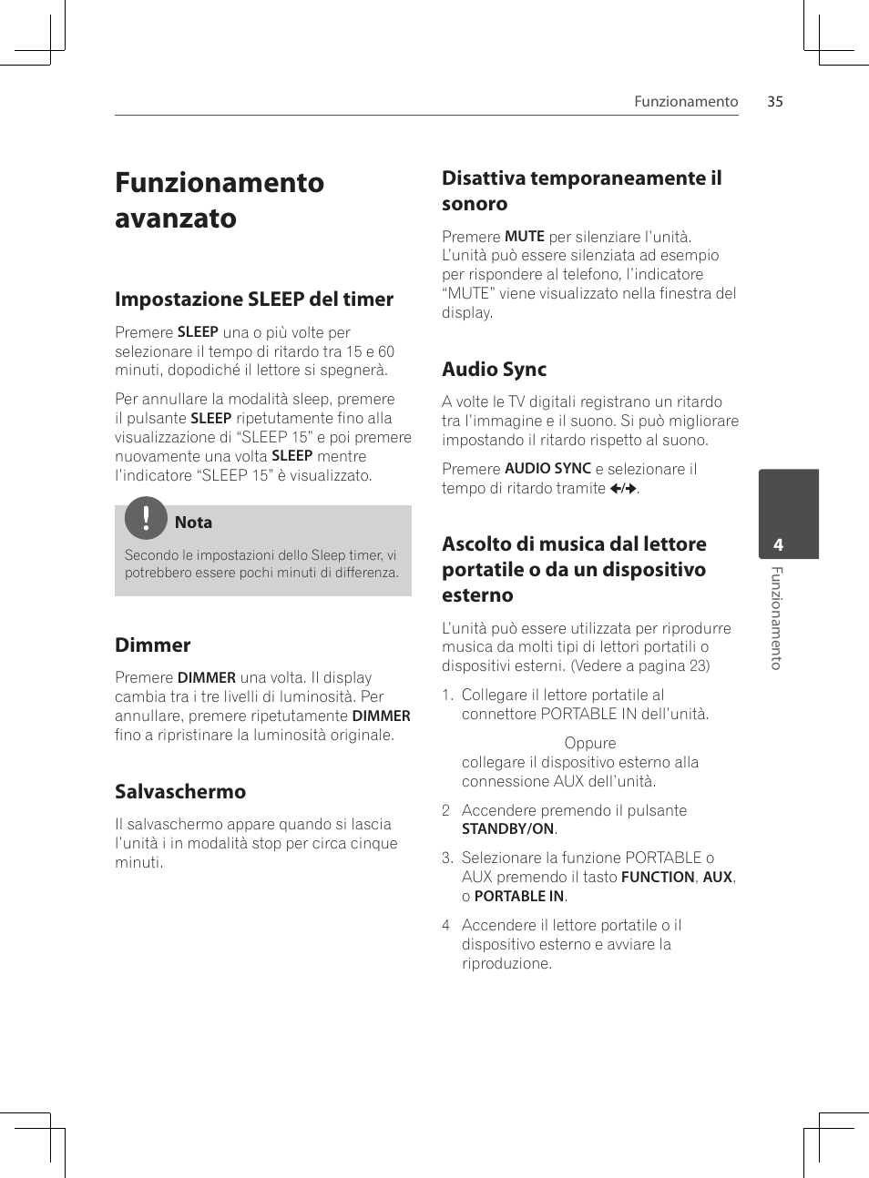 Funzionamento avanzato, Impostazione sleep del timer, Dimmer | Salvaschermo, Disattiva temporaneamente il, Sonoro, Audio sync, Ascolto di musica dal lettore, Portatile o da un dispositivo esterno, Disattiva temporaneamente il sonoro | Pioneer DCS-424K User Manual | Page 173 / 280