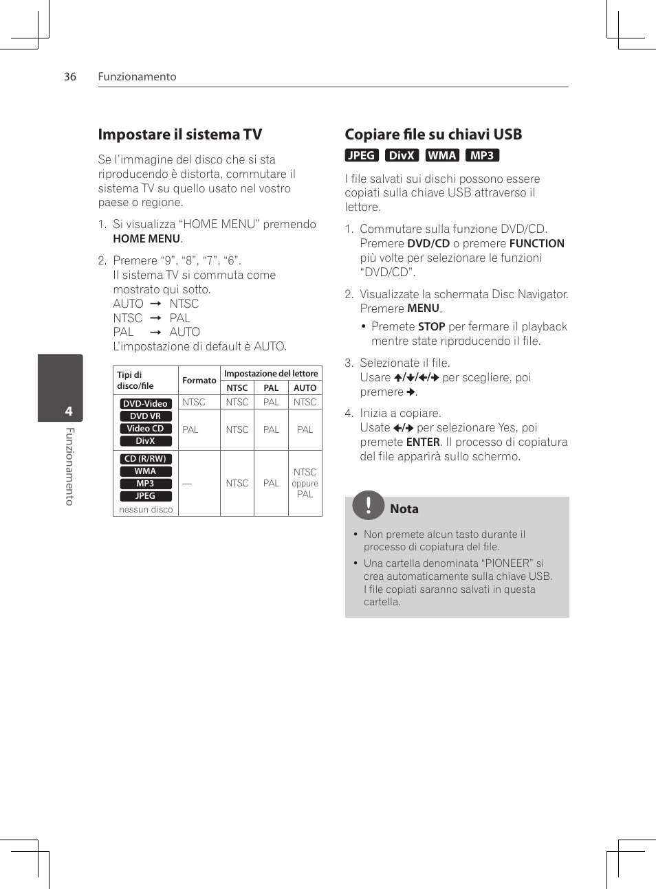 Impostare il sistema tv, Copiare file su chiavi usb | Pioneer DCS-424K User Manual | Page 174 / 280